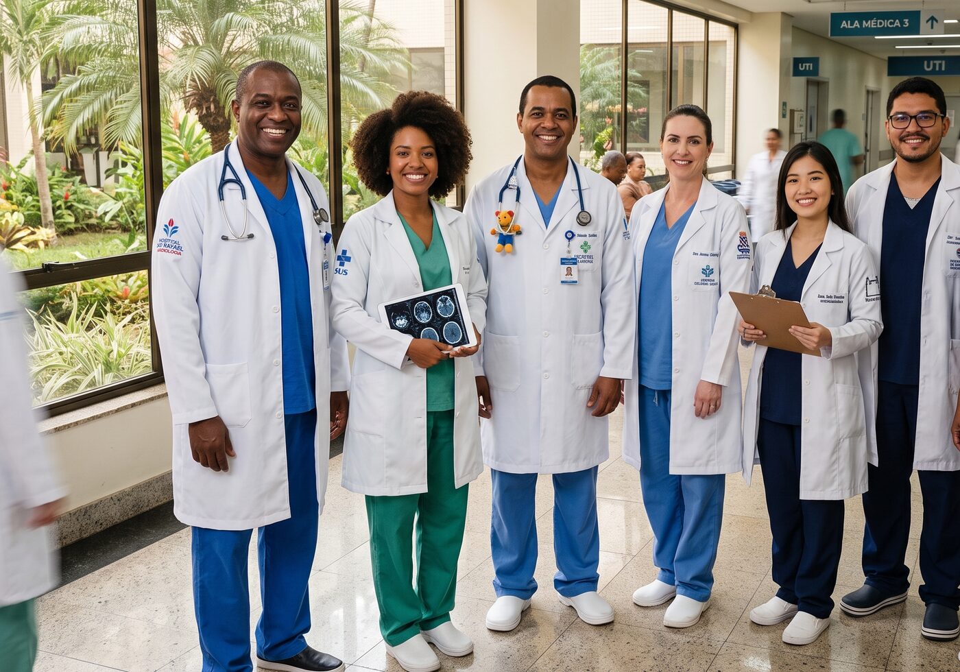 Equipe médica em plantão: médicos e médicas reunidos à beira do leito.